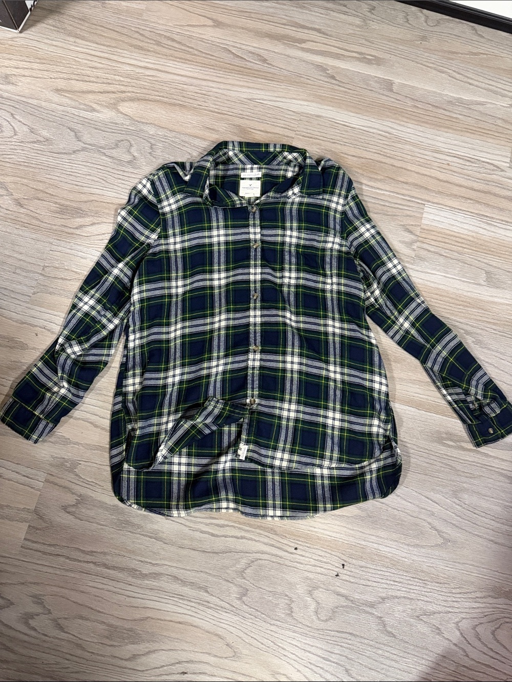American Eagle Outfitters Navy, Green and White Plaid Button-Down Shirt